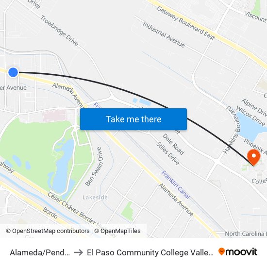 Alameda/Pendell Rts 2 to El Paso Community College Valle Verde Campus map