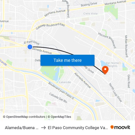 Alameda/Buena Vista Rts 2 to El Paso Community College Valle Verde Campus map