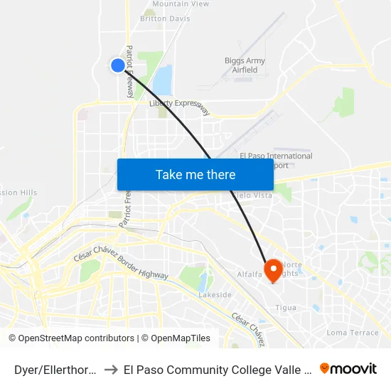Dyer/Ellerthorpe Rts2 to El Paso Community College Valle Verde Campus map