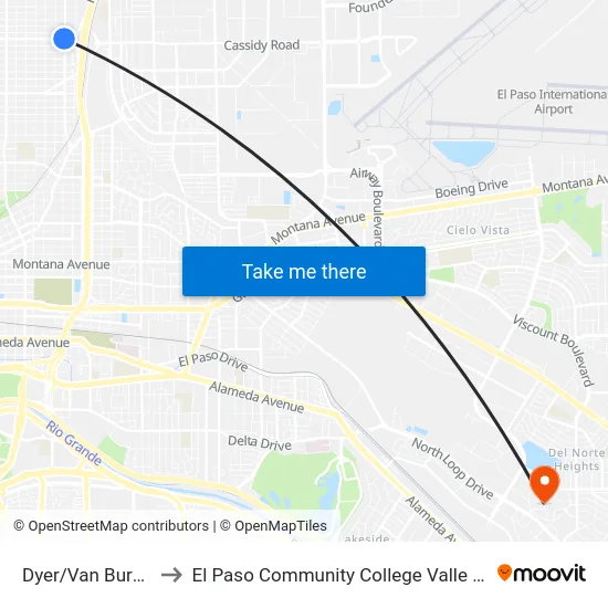 Dyer/Van Buren Rts 2 to El Paso Community College Valle Verde Campus map