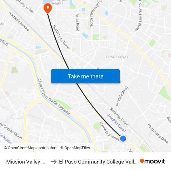 Mission Valley Platform C to El Paso Community College Valle Verde Campus map