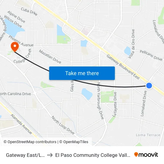 Gateway East/Lomaland to El Paso Community College Valle Verde Campus map
