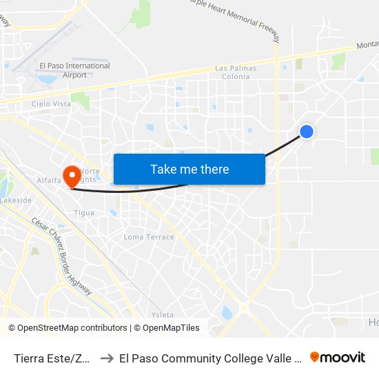 Tierra Este/Zaragoza to El Paso Community College Valle Verde Campus map