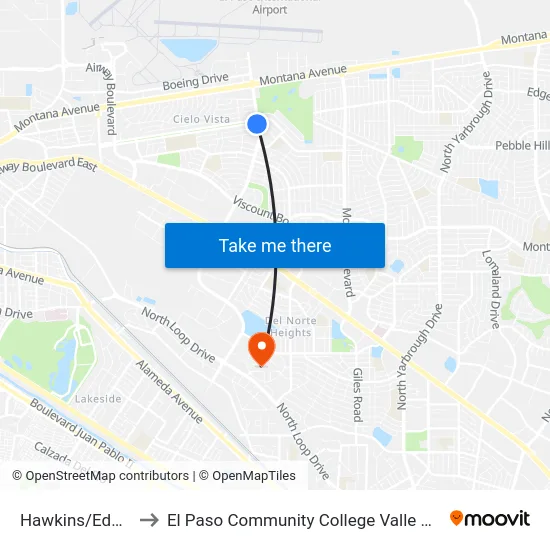 Hawkins/Edgemere to El Paso Community College Valle Verde Campus map