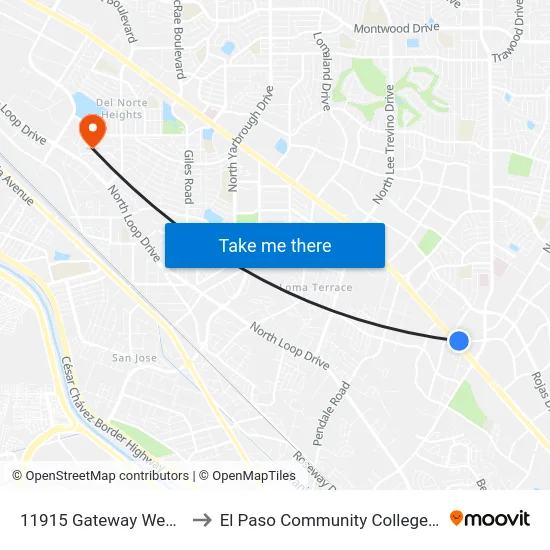 11915 Gateway West\George Dieter to El Paso Community College Valle Verde Campus map