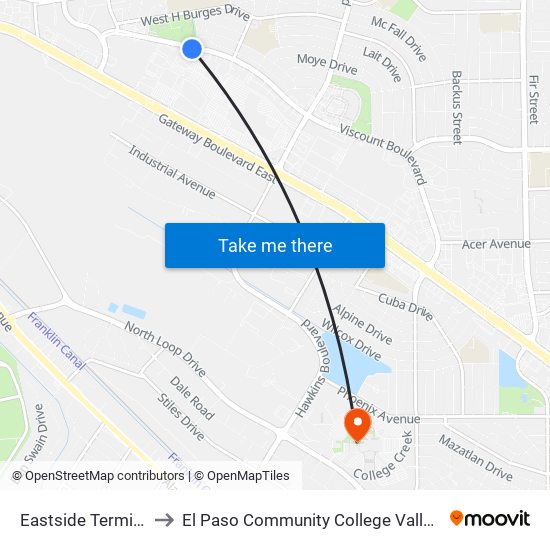 Eastside Terminal Rts 1 to El Paso Community College Valle Verde Campus map