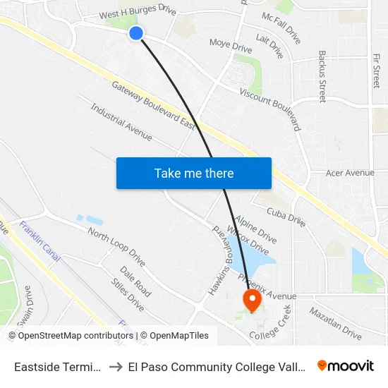 Eastside Terminal Rts 2 to El Paso Community College Valle Verde Campus map