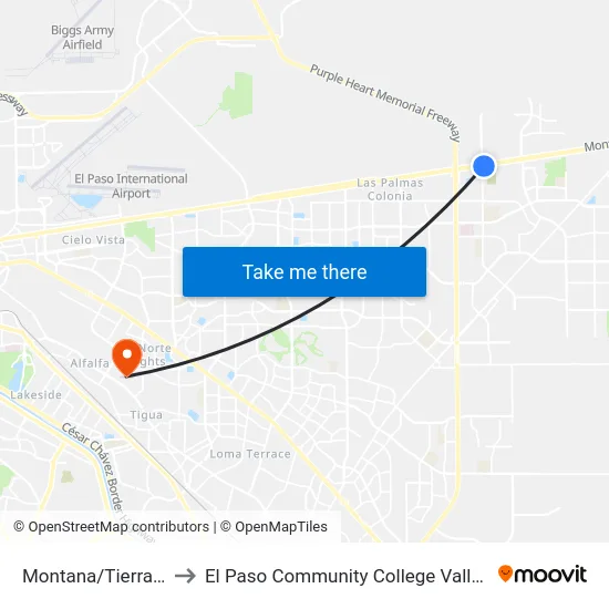 Montana/Tierra Este Rts to El Paso Community College Valle Verde Campus map