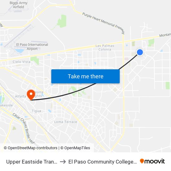 Upper Eastside Transit Center Bay F to El Paso Community College Valle Verde Campus map