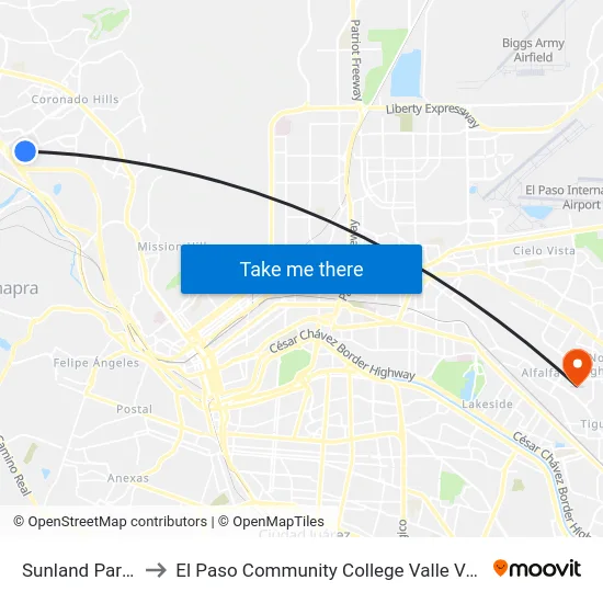 Sunland Park Mall to El Paso Community College Valle Verde Campus map