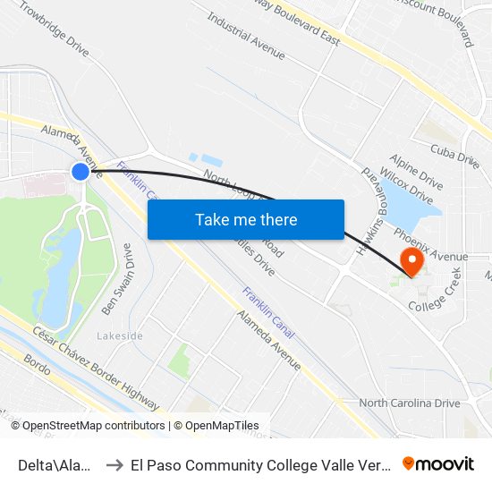 Delta\Alameda to El Paso Community College Valle Verde Campus map