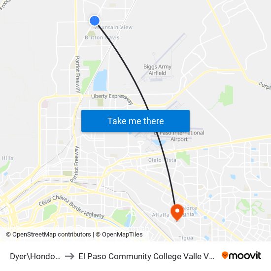 Dyer\Hondo Pass to El Paso Community College Valle Verde Campus map