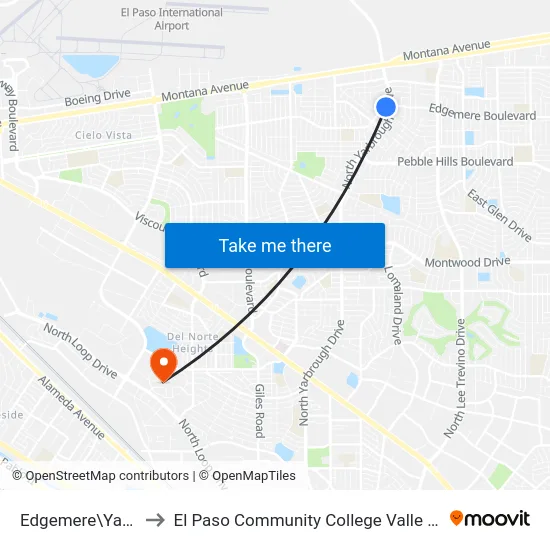 Edgemere\Yarbrough to El Paso Community College Valle Verde Campus map