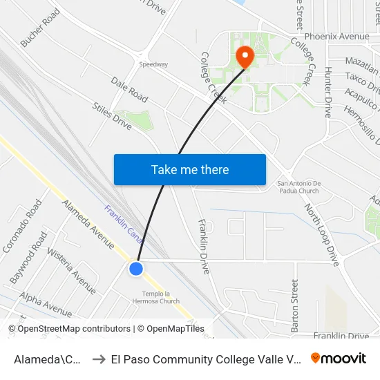 Alameda\Carolina to El Paso Community College Valle Verde Campus map