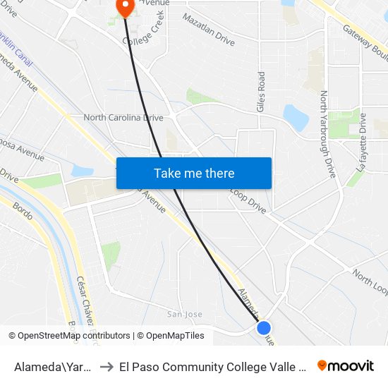 Alameda\Yarbrough to El Paso Community College Valle Verde Campus map