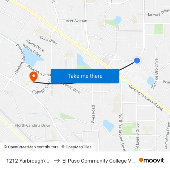 1212 Yarbrough\Vista Del Sol to El Paso Community College Valle Verde Campus map