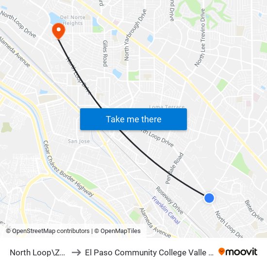 North Loop\Zaragoza to El Paso Community College Valle Verde Campus map