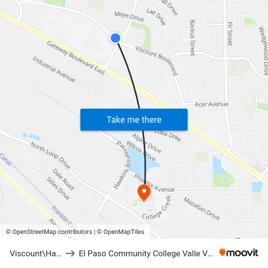 Viscount\Hawkins to El Paso Community College Valle Verde Campus map