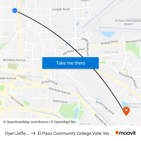 Dyer\Jefferson to El Paso Community College Valle Verde Campus map