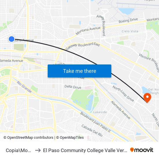 Copia\Montana to El Paso Community College Valle Verde Campus map