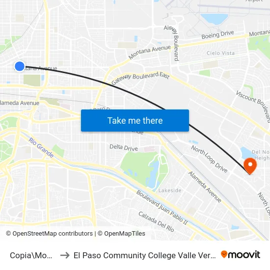 Copia\Montana to El Paso Community College Valle Verde Campus map