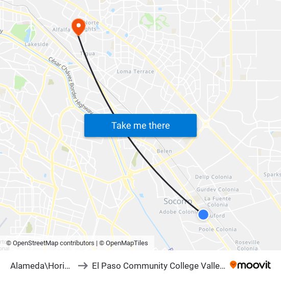 Alameda\Horizon Blvd. to El Paso Community College Valle Verde Campus map