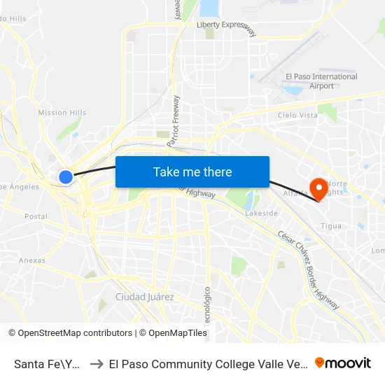 Santa Fe\Yandell to El Paso Community College Valle Verde Campus map