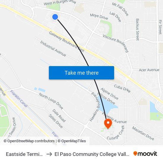 Eastside Terminal Bay C to El Paso Community College Valle Verde Campus map