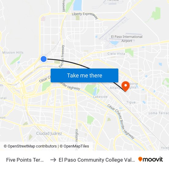 Five Points Terminal Bay C to El Paso Community College Valle Verde Campus map