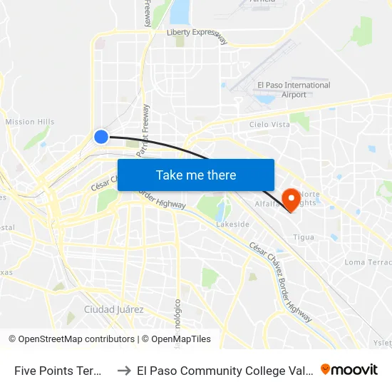 Five Points Terminal Bay C to El Paso Community College Valle Verde Campus map