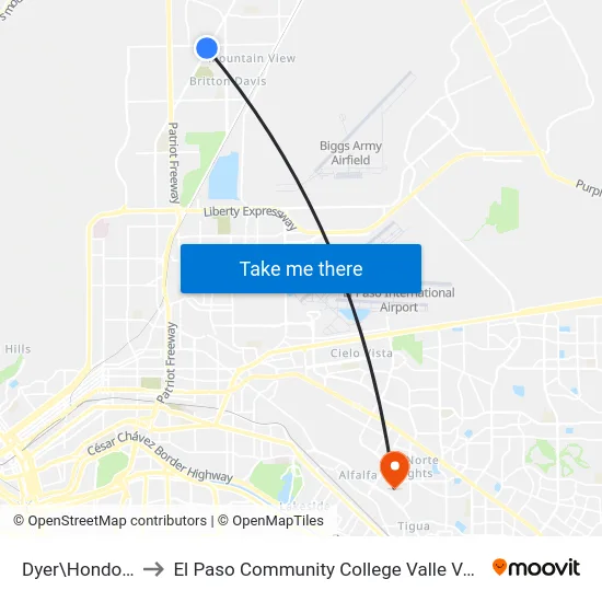 Dyer\Hondo Pass to El Paso Community College Valle Verde Campus map