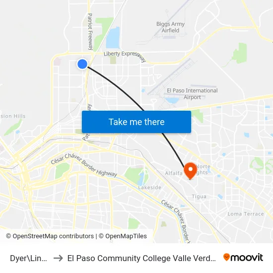 Dyer\Lincoln to El Paso Community College Valle Verde Campus map