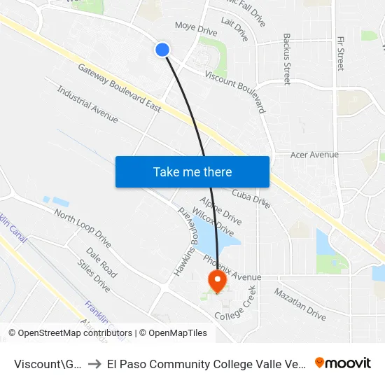Viscount\Grover to El Paso Community College Valle Verde Campus map