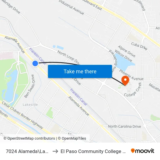 7024 Alameda\Lakeside Village to El Paso Community College Valle Verde Campus map