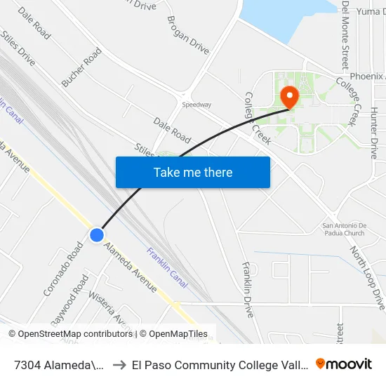 7304 Alameda\Coronado to El Paso Community College Valle Verde Campus map