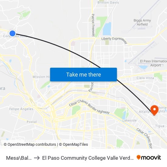 Mesa\Balboa to El Paso Community College Valle Verde Campus map