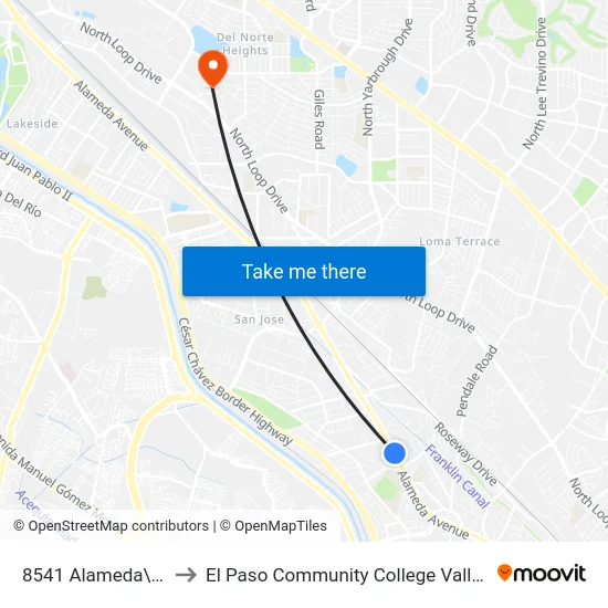 8541 Alameda\Dorbandt to El Paso Community College Valle Verde Campus map