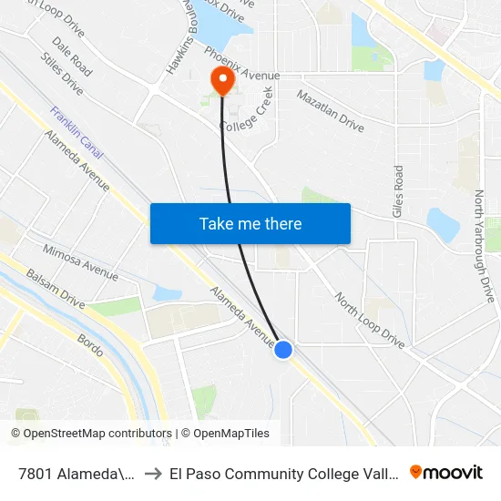 7801 Alameda\Rosedale to El Paso Community College Valle Verde Campus map