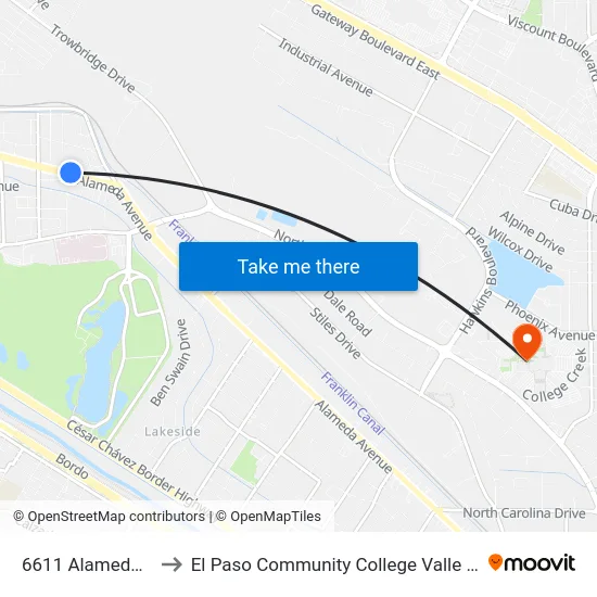 6611 Alameda\Seville to El Paso Community College Valle Verde Campus map