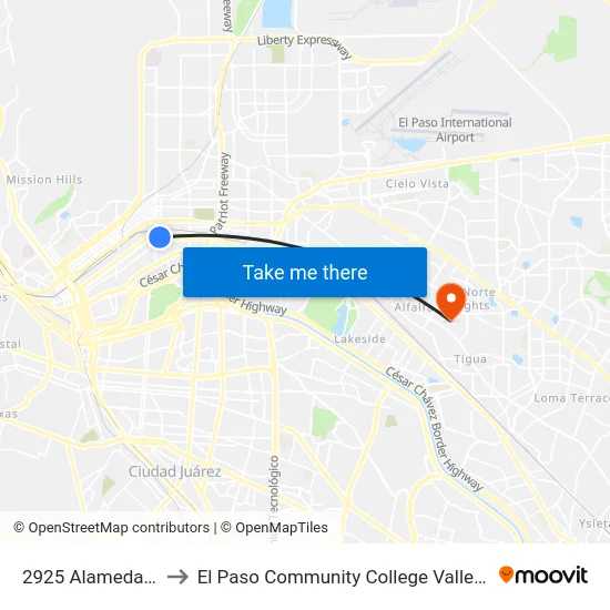 2925 Alameda\Raynor to El Paso Community College Valle Verde Campus map