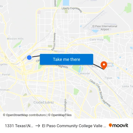 1331 Texas\Newman to El Paso Community College Valle Verde Campus map
