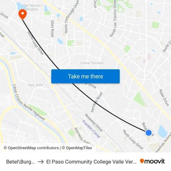 Betel\Burgundy to El Paso Community College Valle Verde Campus map