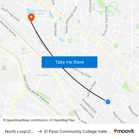 North Loop\Zaragoza to El Paso Community College Valle Verde Campus map