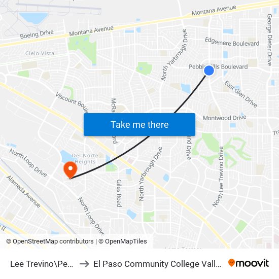 Lee Trevino\Pebble Hills to El Paso Community College Valle Verde Campus map