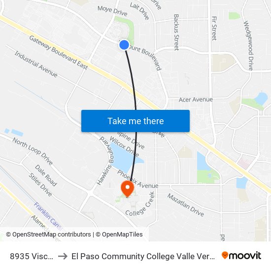 8935 Viscount to El Paso Community College Valle Verde Campus map