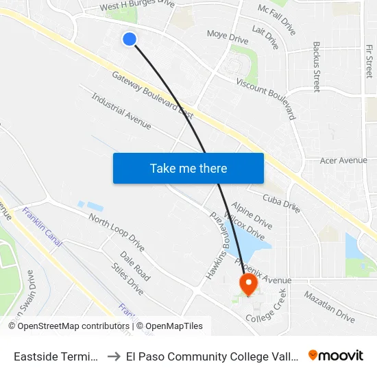 Eastside Terminal Bay A to El Paso Community College Valle Verde Campus map