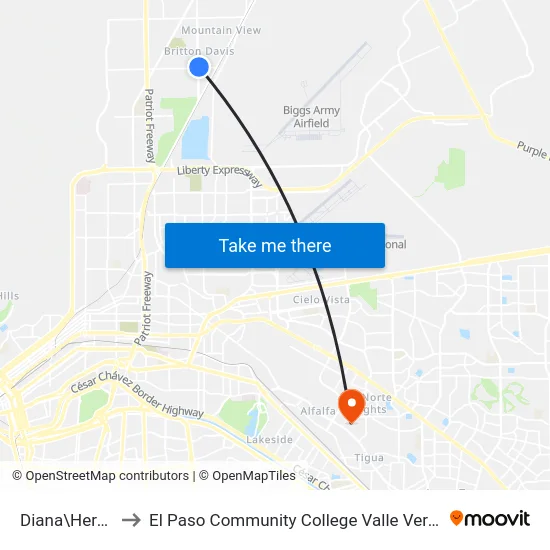Diana\Hercules to El Paso Community College Valle Verde Campus map
