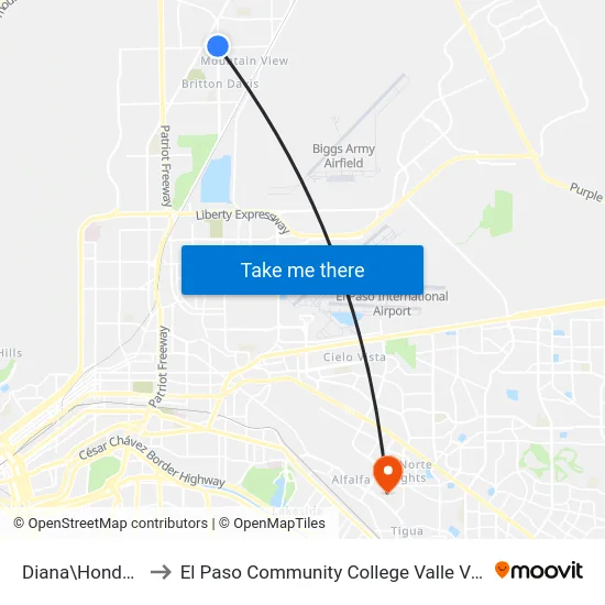 Diana\Hondo Pass to El Paso Community College Valle Verde Campus map