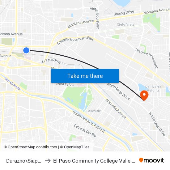 Durazno\Siapan Park to El Paso Community College Valle Verde Campus map