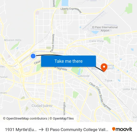 1931 Myrtle\Eucalyptus to El Paso Community College Valle Verde Campus map